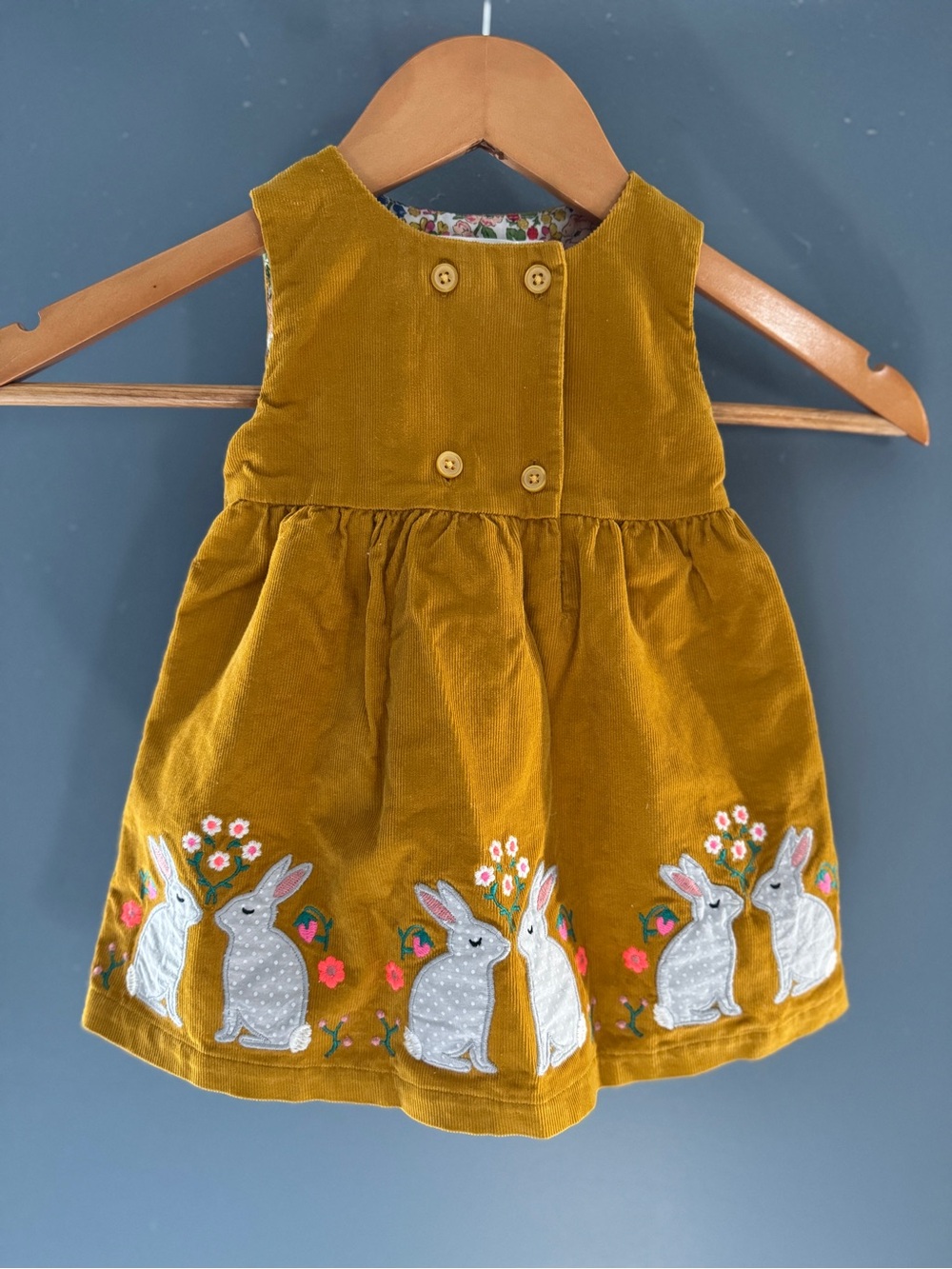 Mini Boden Mustard Yellow Corduroy Dress with Bunny Embroidery